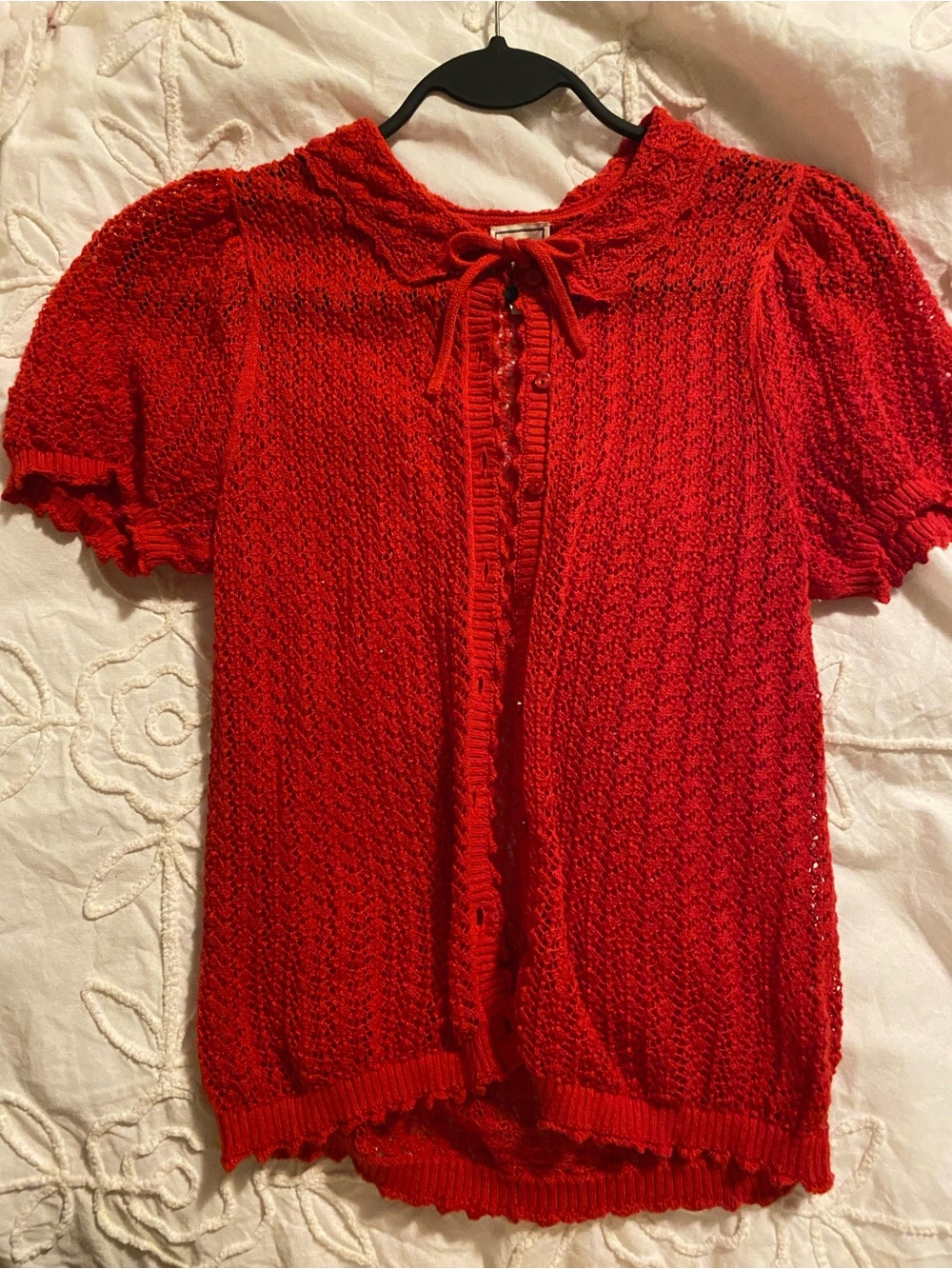 Gap x Doen Red Knit Pointelle Short-Sleeve Button Cardigan Sweater - Picture 4 of 6